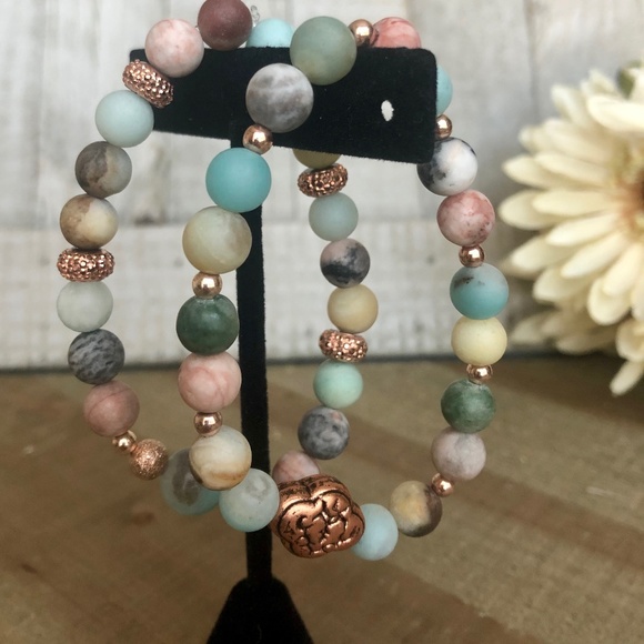 Beaded Bracelet Set w/ Rose Gold Accents Amazonite - Picture 2 of 7